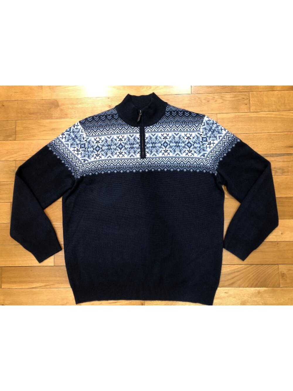 Tahari Cashmere Nordic Fair Isle 1/4 Zip Navy Pullover Sweater Size XXL